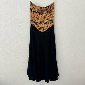 Vintage Casadei Gold Black Strapless Dress Midi Floral USA Scallop Hem size XS